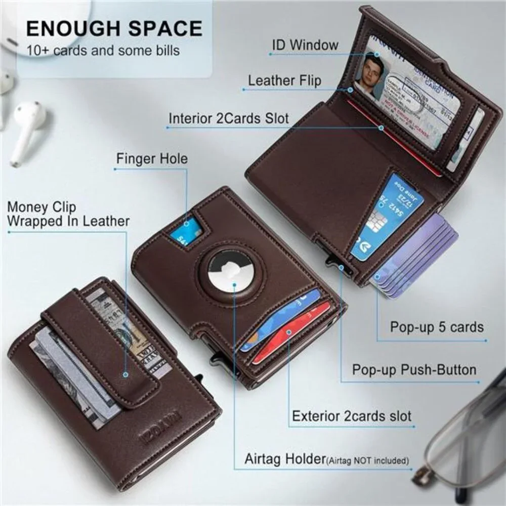Airtag Wallet for Men,with Money Clip 10 Cards Metal Case Smart Slim Pop Up